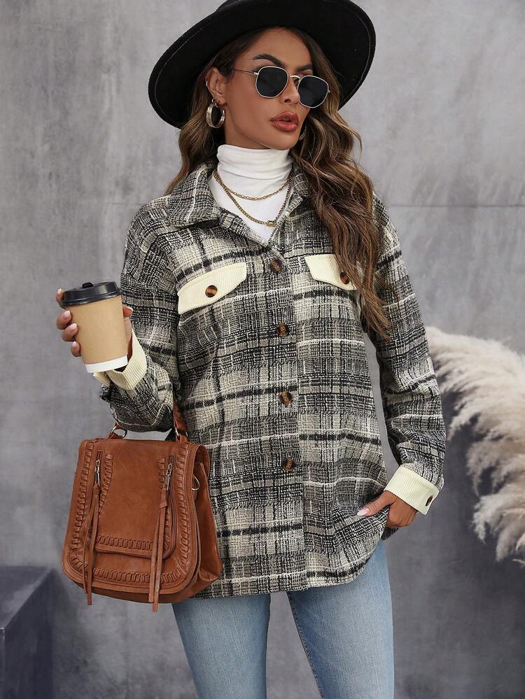 Plaid Print Drop Shoulder Overcoat Fall Cloth For Women