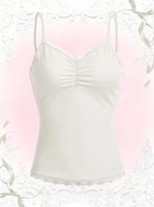 ROMWE 蕾絲拼接褶邊吊帶上衣 - 白色 - 查看 1