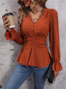 SHEIN Clasi 圓點蕾絲邊荷葉袖褶邊襯衫 - 棕色 - 查看 1