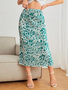 SHEIN Privé 滿版印花生菜邊半身裙 - 綠色 - 查看 3