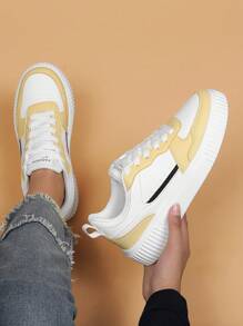 女士运动鞋，黄色休闲鞋，白色平底滑板鞋 - 黃色 - 查看 6