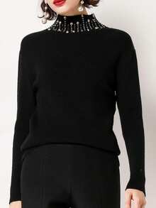 Mock Neck Sequin Decor Drop Shoulder Sweater - Black - View 3