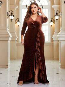 SHEIN Belle Burgundy Red Plus Ruffle Trim Glitter Bridesmaid Dress - Burgundy - View 2