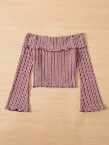 SHEIN Tween Girl Off Shoulder Lettuce Trim Ribbed Knit Tee - Dusty Pink - View 2