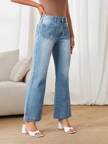 SHEIN Privé Cao eo Quần ống loe - Rửa trung bình - Xem 5