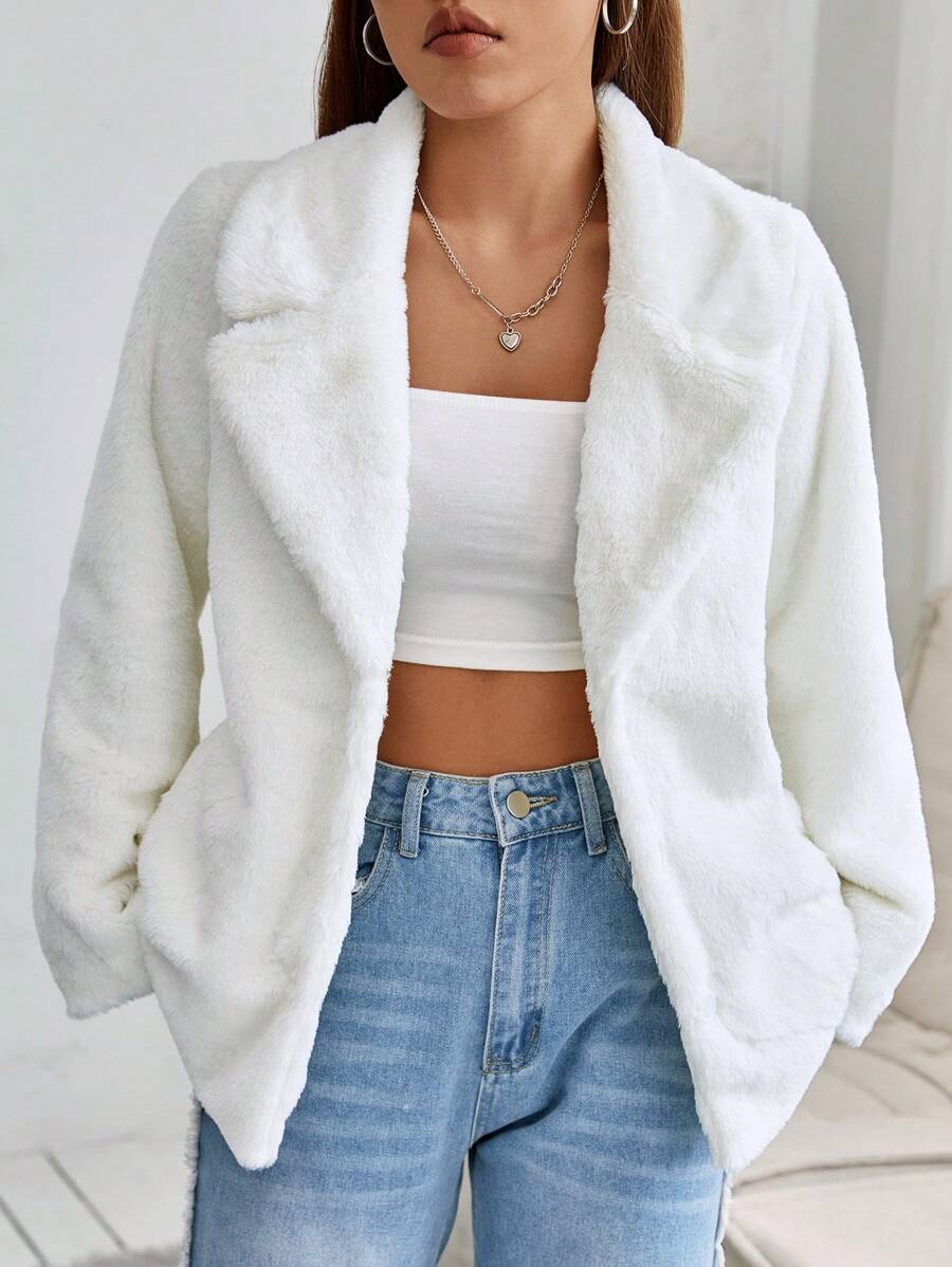SHEIN PETITE Cổ áo Mở Mặt trước Áo khoác Teddy - trắng - Xem 1