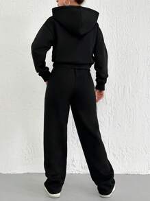 SHEIN Cottnline Solid Drop Shoulder Hoodie & Sweatpants - Black - View 3