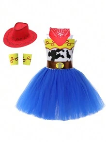 Vestido disfraz de tutú de malla con estampado de vaca de mezclilla para niñas en Halloween - Azul - Ver 1