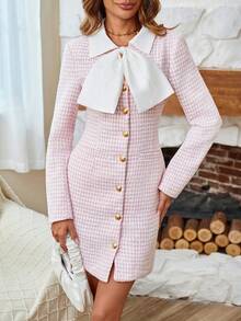 GENKIRA Hoa văn kẻ sọc Cà vạt Nút phía trước Tweed Áo khoác - Hồng - Xem 5