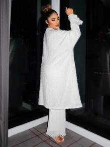 SHEIN SXY Open Front Drop Shoulder Fuzzy Coat - White - View 3