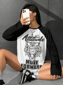 SHEIN Coolane Camiseta con estampado de tigre y slogan de manga raglán - Albaricoque - Ver 1