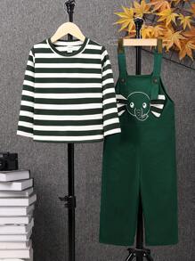 SHEIN 男小童條紋圖案T恤&卡通圖案背帶連身褲