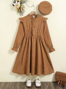 SHEIN Tween Girl Ruffle Trim Half Button Dress With Hat - Brown - View 1
