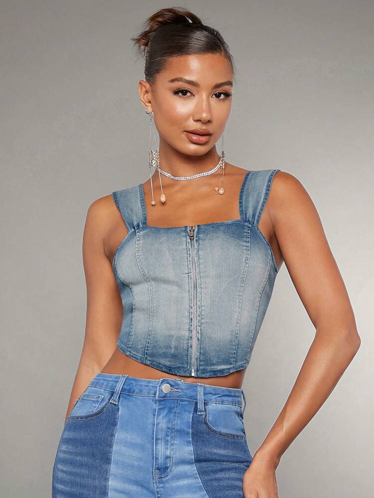 Zip Up Cami Denim Top