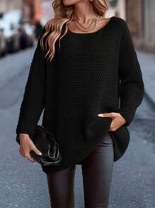 SHEIN LUNE Solid Drop Shoulder Sweater - Black - View 1