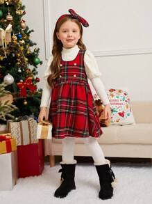 SHEIN 2pcs/Set Young Girl Solid Knit Stand Collar Gigot Sleeve Top And Plaid Cami Dress With Headband, Mommy And Me Matching Outfits