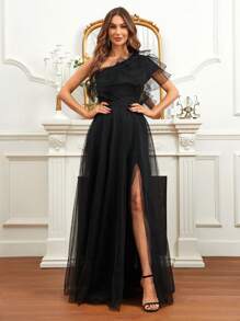 SHEIN Belle 單肩荷葉邊高衩網紗正式洋裝 - 黑色 - 查看 4