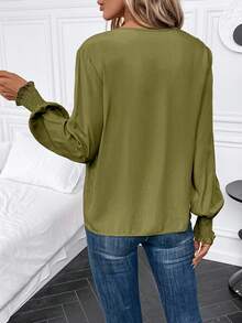 SHEIN Clasi Chất rắn Tay áo Đèn lồng Cổ v Áo sơ mi - màu xanh lá - Xem 2