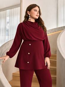 Mulvari Burgundy Red Plus Draped Collar Lantern Sleeve Top & Pants - Burgundy - View 4