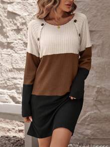 SHEIN LUNE Vestido Casual De Manga Corta Con Botones Y Bloque De Color Para Mujer Con Inserción De Hombro Horizontal En Tres Colores - Multicolor - Ver 4