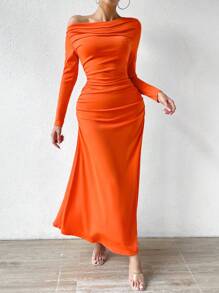 SHEIN Privé Asymmetrical Neck Ruched Side Dress - Burnt Orange - View 3