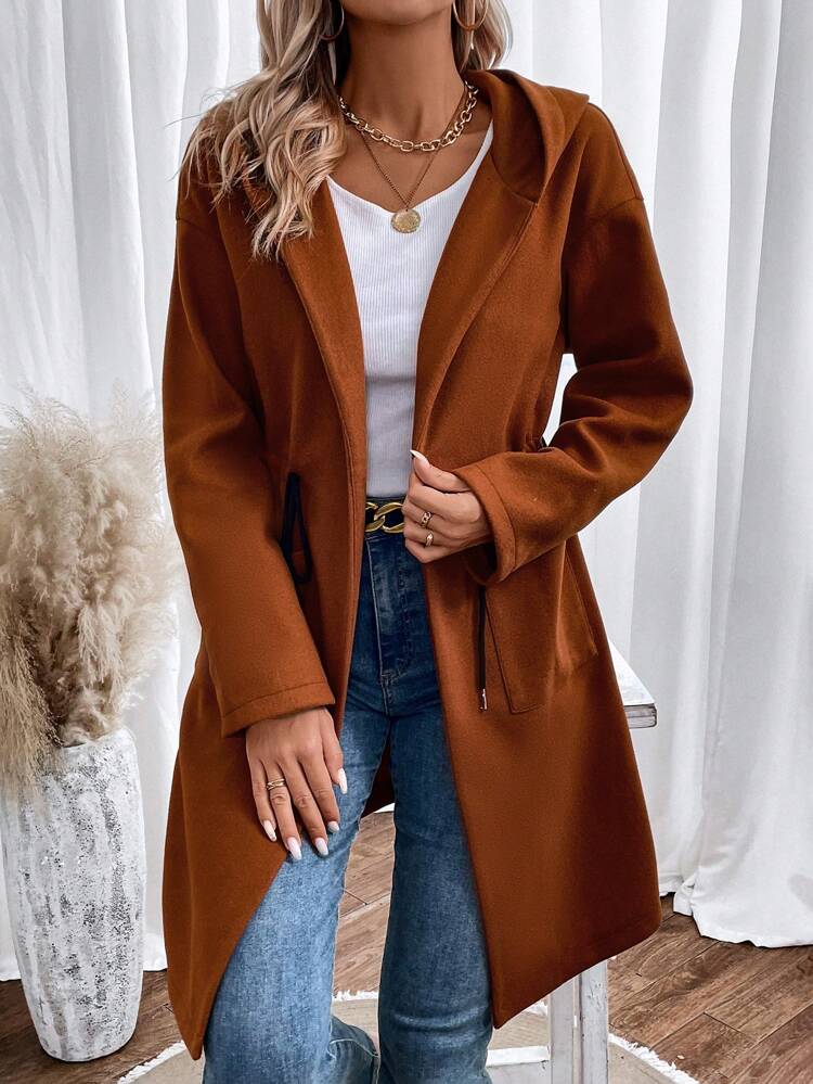 Dual Pocket Drawstring Waist Hooded Overcoat Fall Cloth For Women