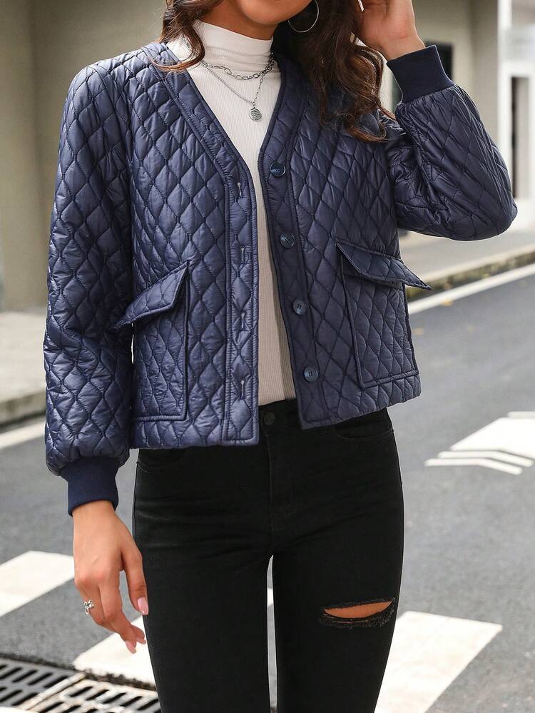 Flap Pocket Button Front Quilted Padded Coat Clothes Winter Fall Cloth For Women