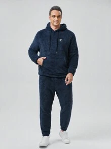 GENTILAND Men Plus Letter Patched Kangaroo Pocket Drawstring Teddy Hoodie & Pants - Blue - View 3