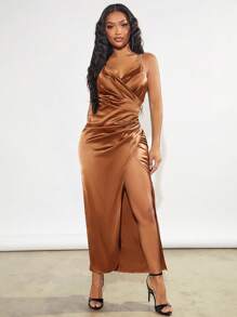 SHEIN SXY 褶邊圍裹緞面吊帶洋裝 - 鏽棕色 - 查看 4