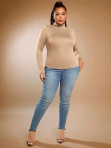 SHEIN SXY Plus High Neck Solid Tee - Apricot - View 3