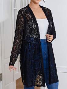 SHEIN LUNE Plus Open Front Lace Coat - Black - View 4