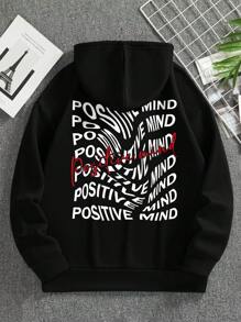 男士字母圖案抽繩加絨內裏連帽衫 - 黑色 - 查看 1