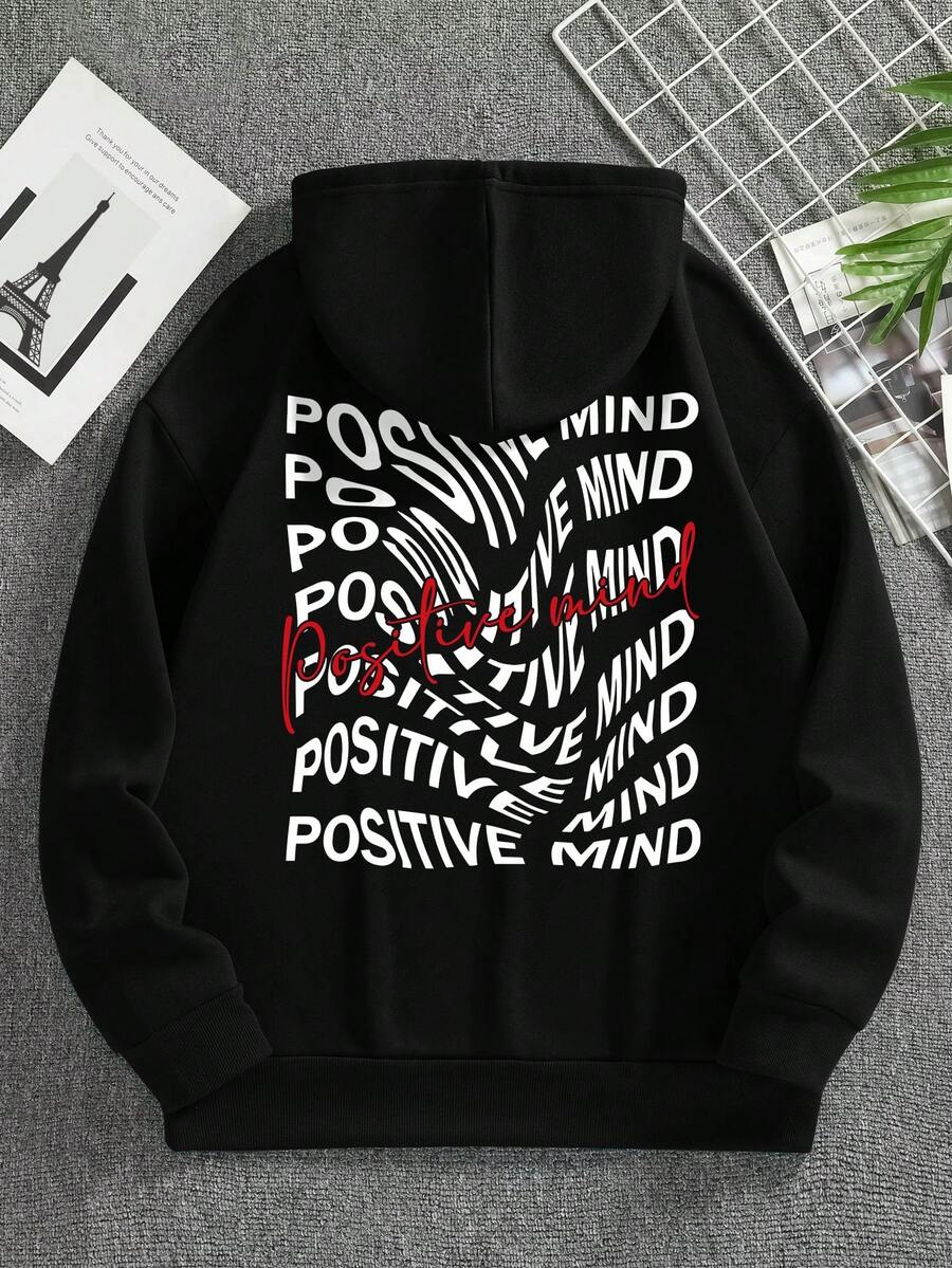 男士字母圖案抽繩加絨內裏連帽衫 - 黑色 - 查看 1