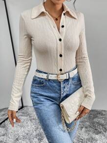 SHEIN Essnce 素色前紐扣連身背心 - 杏色 - 查看 3