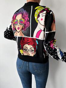 RueChic Figure Graphic Zip Up Bomber Jacket - Multicolor - View 2