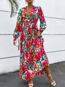 SHEIN VCAY Allover Floral Print Lantern Sleeve Belted Dress - Red - View 4