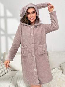 Bata de dormir con diseño de oreja 3D con capucha de franela - Marrón - Ver 6