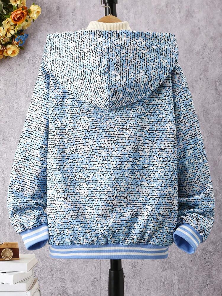 Tween Girl 1pc Space Dye Striped Trim Teddy Lined Hooded Jacket
