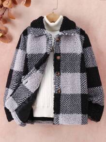 SHEIN Tween Girl 1pc Buffalo Plaid Pattern Teddy Coat - Black - View 1