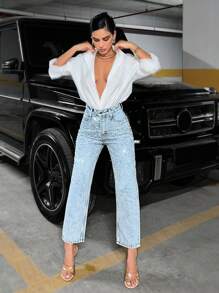 EURMUSE 女款高腰珍珠鑲飾斜口袋直筒牛仔褲 - 藍色 - 查看 5