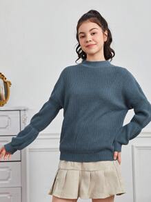 Teen Girl Solid Drop Shoulder Virago Sleeve Sweater - Dusty Blue - View 4