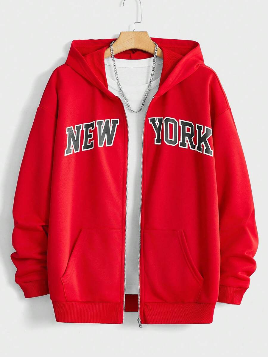 Manfinity RebelGame Loose Fit Men's Letter Graphic Zip Up Hoodie Without T-Shirt - Red - View 1