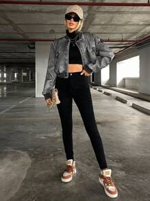 Aveloria Affinna Top-Stitching Drop Shoulder Zipper PU leren bomberjack