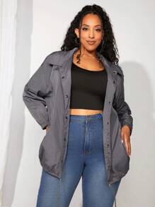 SHEIN CURVE+ Plus Solid Drawstring Hem Jacket - Black - View 4