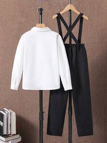Cậu bé Tween Chất rắn Áo sơ mi & Quần Suspender & Nơ thắt - trắng - Xem 2
