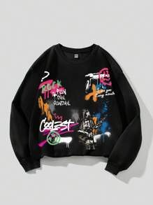 Slaydiva Hơn Đồ họa Khẩu hiệu Lót nhiệt Áo nỉ - màu đen - Xem 3