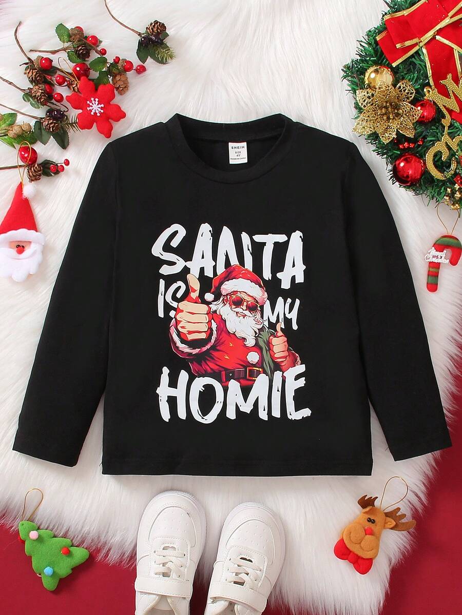 SHEIN Young Boy Christmas Print Tee - Black - View 1