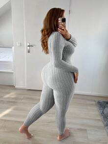 SHEIN SXY Plus Plunging Neck Ribbed Knit Unitard Jumpsuit - Light Grey - View 4