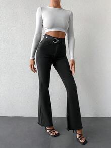 SHEIN Cottnline 高腰牛仔喇叭褲不附腰帶 - 灰色 - 查看 5