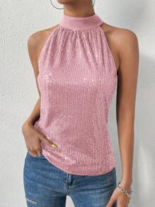 Allurite Solid Sequin Halter Neck Blouse - Pink - View 6